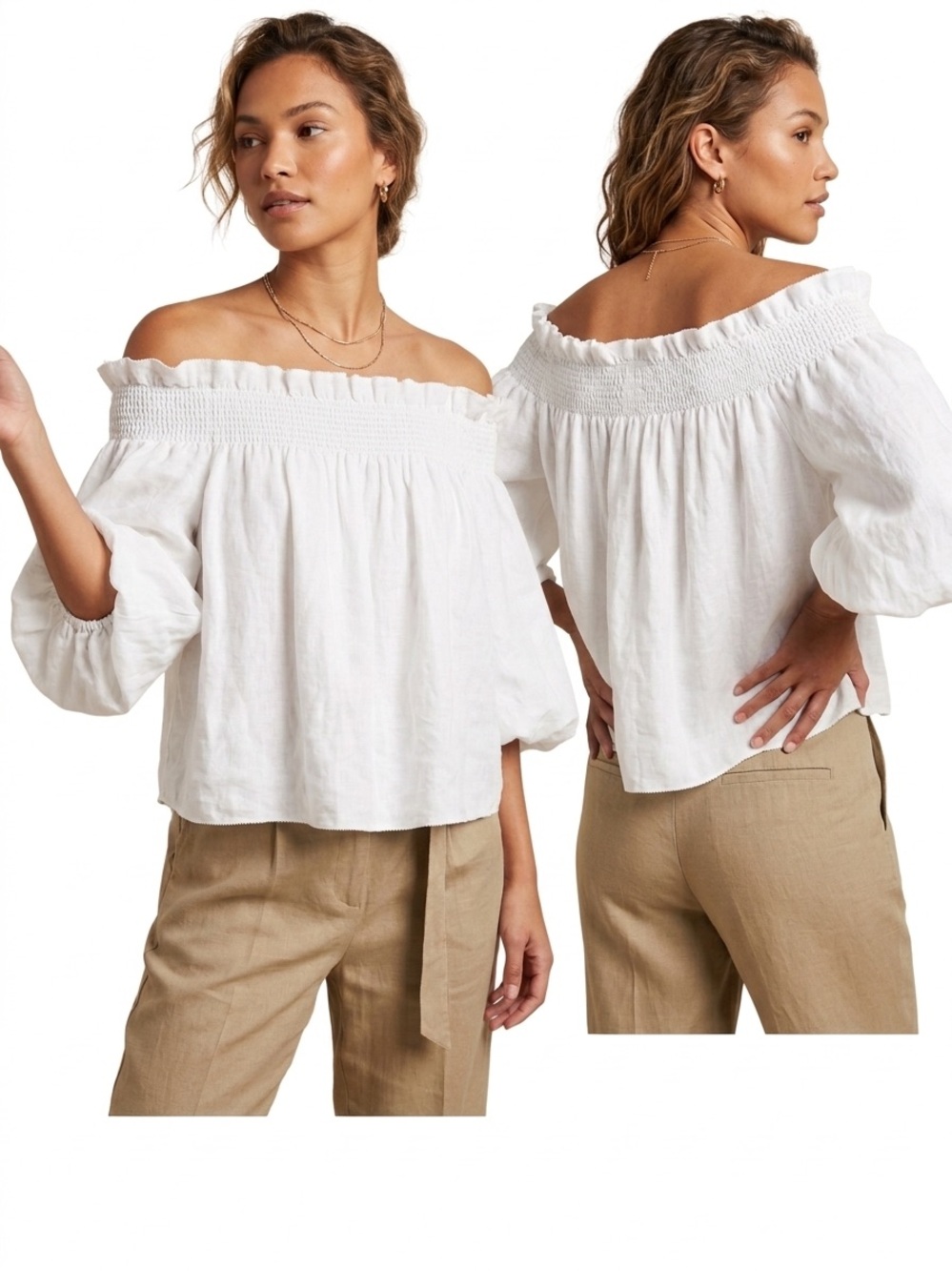 Banana Republic White Smocked Off-Shoulder Linen Cotton Blouse